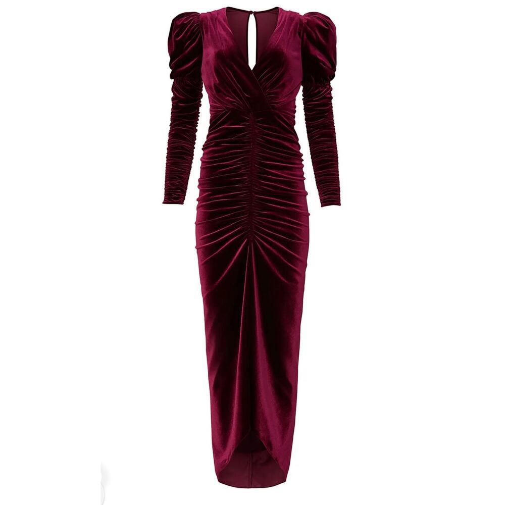 Ronny Kobo Alicia Velvet Midi Dress Burgundy Red Long Sleeve XL Sheath